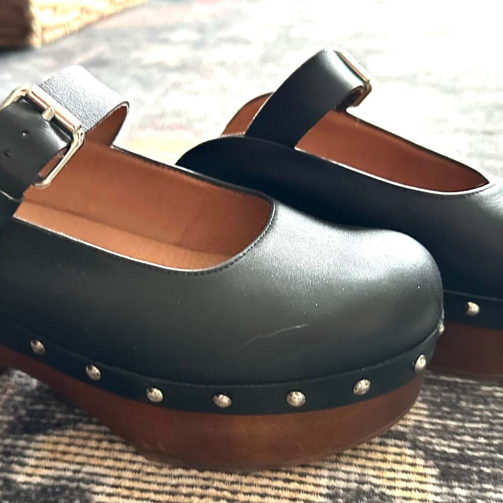 Anthropologie Black Leather Studded Platform Clogs